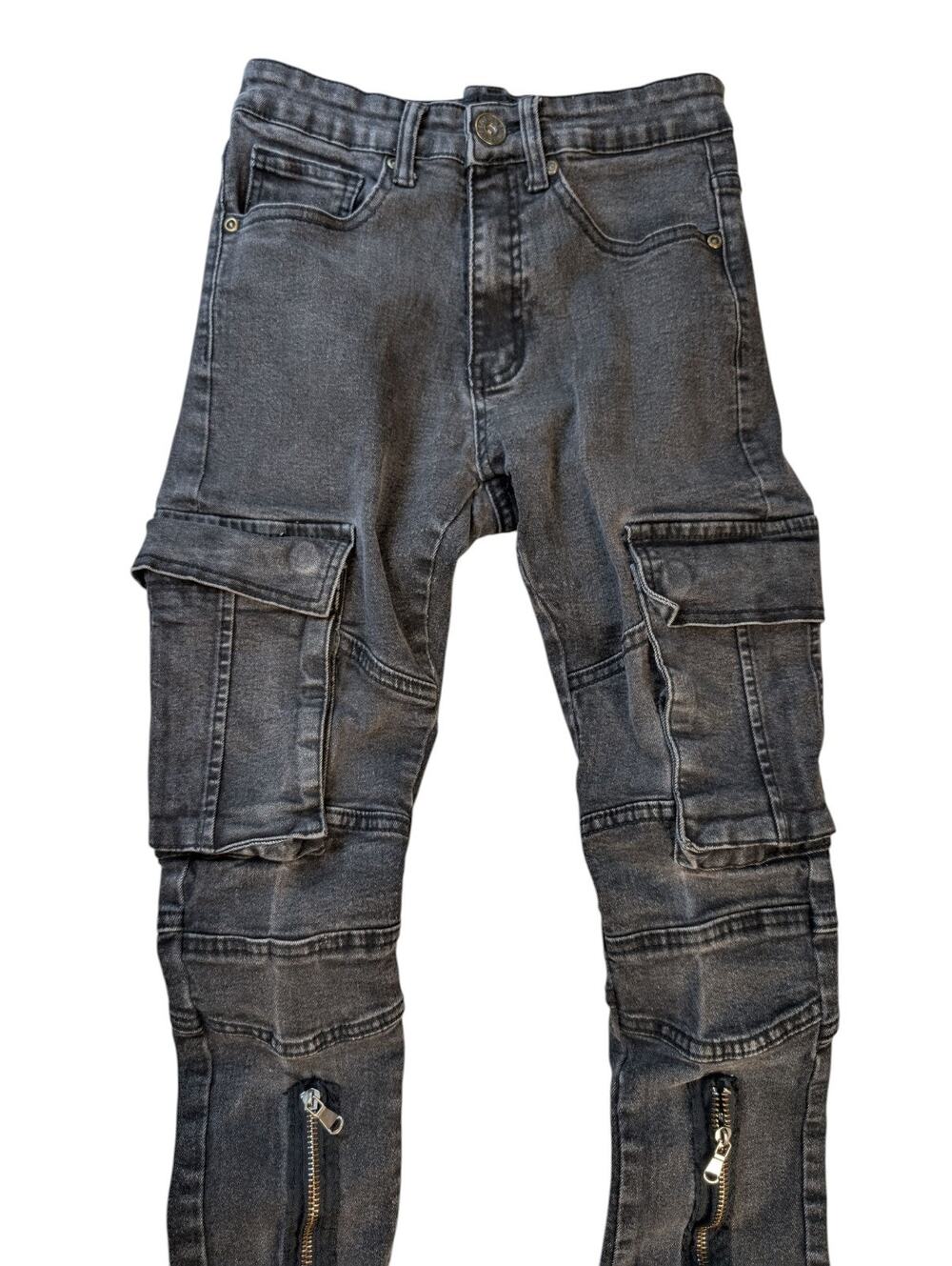 Waimea Skinny Stacked Jeans Mens 26x30 Black Faded Ribbed Distressed Cargo